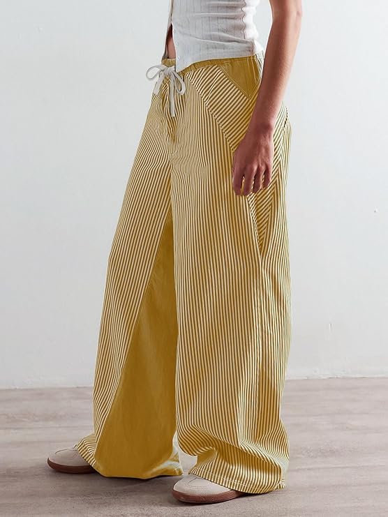 Women's Low Rise Striped Pants Casual Drawstring Pull-On Trousers Boho Wide Leg Jeans2