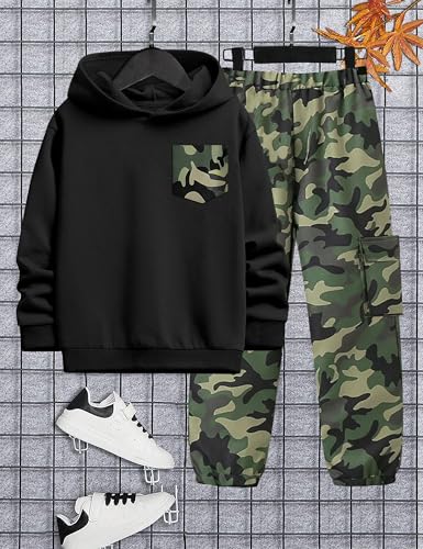 Image of KANGKANG Boys Clothes Two Piece Long Sleeve Hooded Sweatshirt Top Camouflage Sweatpants Fall Outfits Winter Clothes Set 6-16Y