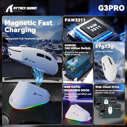Image of ATTACK SHARK G3 Pro Wireless Gaming Mouse with Magnetic Charging Dock,White | PixArt PAW3311 Gaming Sensor,BT /2.4G Wireless /Wired Gaming Mouse,25K DPI,59g Ultra-Lightweight Gamer Mice for PC /Win /PS4 /Mac