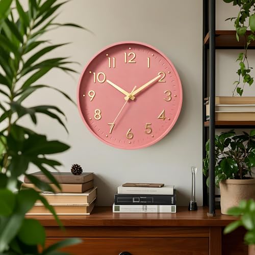 Image of Mosewa Wall Clock 10 Inch, Battery Operated Silent Non-Ticking Modern Analog Clock Decorative for Kitchen, Bedroom, Office, Living Room(Pink Gold)