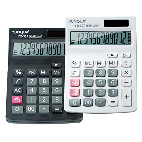 Yumqua Basic Taschenrechner mit Standardfunktion, Tischrechner mit 12-stelligem LCD-Display, für den täglichen Gebrauch im Büro und in der Schule, Schwarz + Weiß Cover