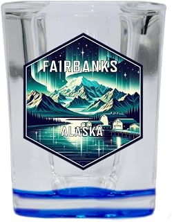 R and R Imports Fairbanks Alaska Travel Destination Souvenir 2 Ounce Shot Glass Square Blue Base Single