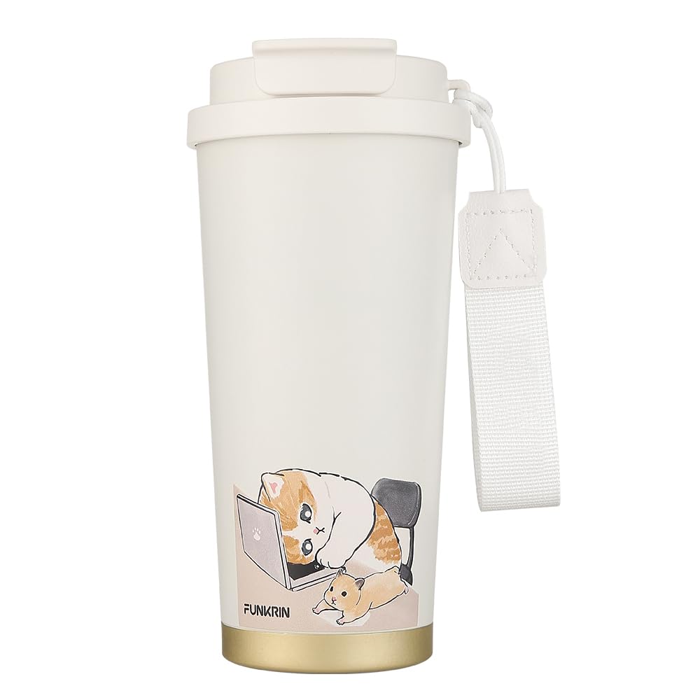 funkrin coffee travel mug with straw amp flip lid 16oz insulated tumbler cup with ceramic coating double wall vacuum leak-proof mug for office school party camping