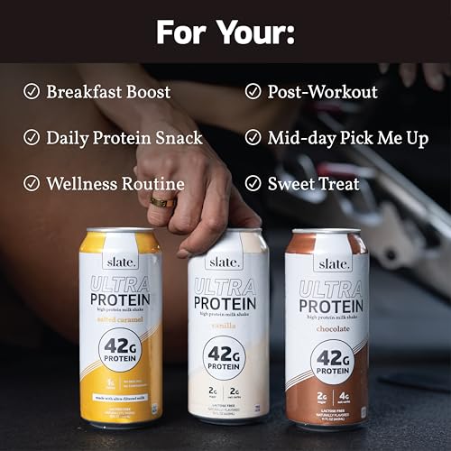 Image of Slate Milk - Ultra Protein Shake - Sweet & Salty Pack - Chocolate, Vanilla, Salted Caramel - 42g Protein, 2g Sugar, 200 Calories, 4g Net Carbs - Lactose Free, No Added Sugar - 15 fl oz, 12 Cans
