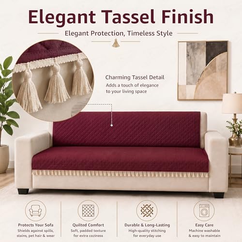 Image of Lukzer Quilted Sofa Cover Mat with Tassels for 3 Seater Sofa - Cranberry Red | Soft Washable Anti-Slip Protector for Living Room | Furniture Cover for Back-Seat Slipcover 180X150CM / SC-194-3T