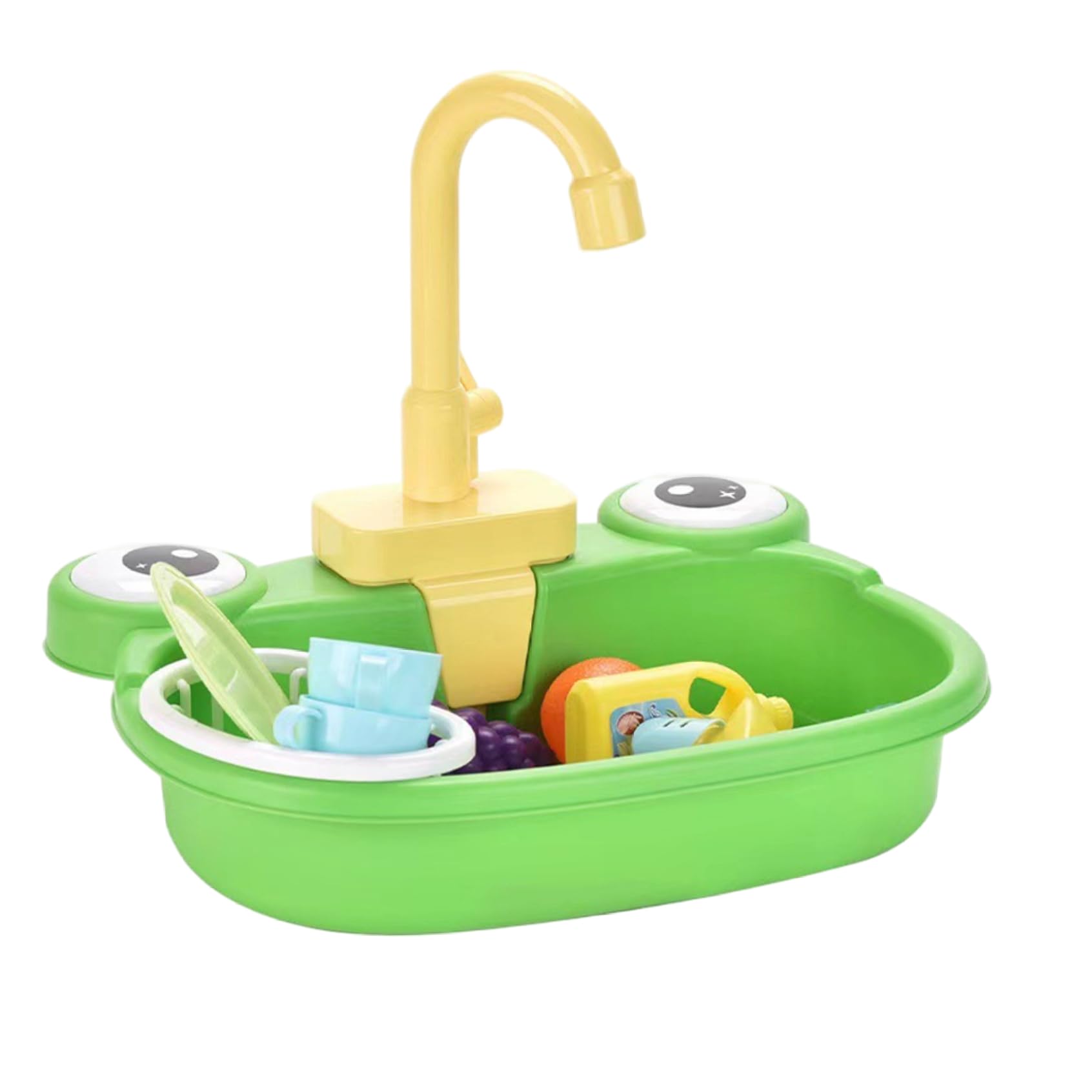 Kids Sink with Running Water, Plastic Frog Play Sink with 180° Rotating Faucet, With Toy Model Vegetables, Fruits, Tableware, Detergent and Draining Basket, Kids with Running Water, Play