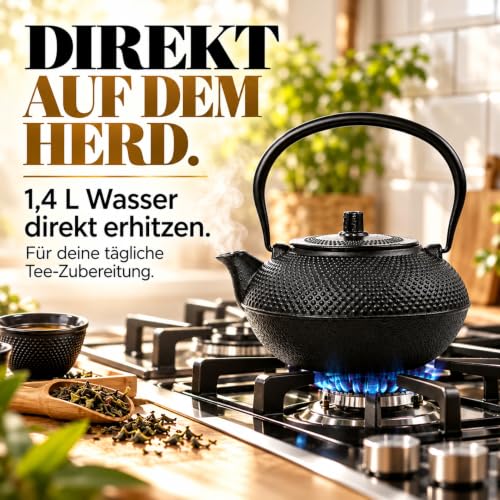 Foto von Lumaland Tee Set 12-teilig | 1,4 Liter Gusseiserne Teekanne Tetsubin | Stövchen aus Gusseisen | 4 Teebecher & 4 Untersetzer | Japanisches Teeset Inkl. Bambus Dosierlöffel & Edelstahl Sieb