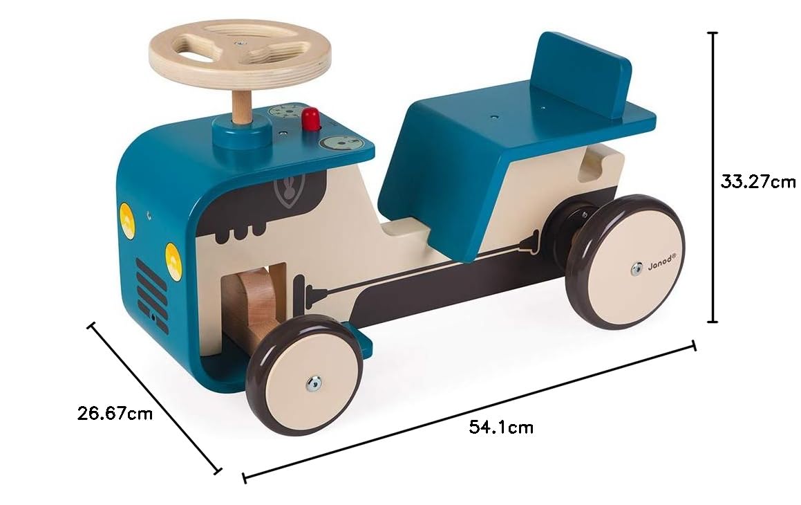 Janod - Tractor Portador - Juguete de Madera - Volante, Bocina y Enganche de Remolque Incorporados - Ruedas Silenciosas - Juguete para Niños de 18 a 36 Meses, J08053