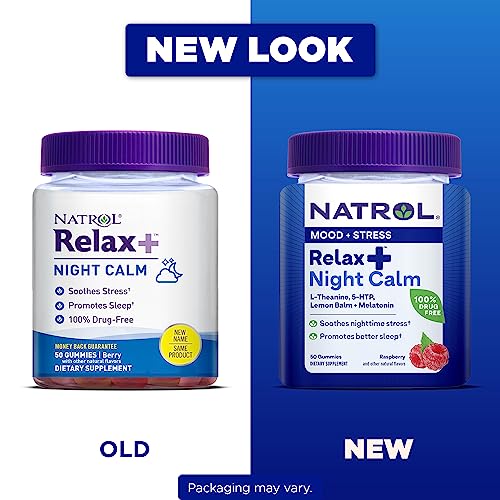 Natrol Relax+ Night Calm Daily Stress Relief Gummies, Berry Flavored Dietary Supplement, Drug Free, 50 Gummies (Packaging May Vary) #TOP1