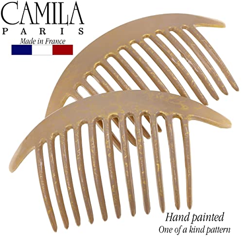 Image of Camila Paris CP2941 French Hair Side Combs, Beige Pearl Interlocking Combs French Twist Hair Combs, Strong Hold Hair Clips for Women Bun Chignon Up-Do, Styling Girls Hair Accessories, Made in France