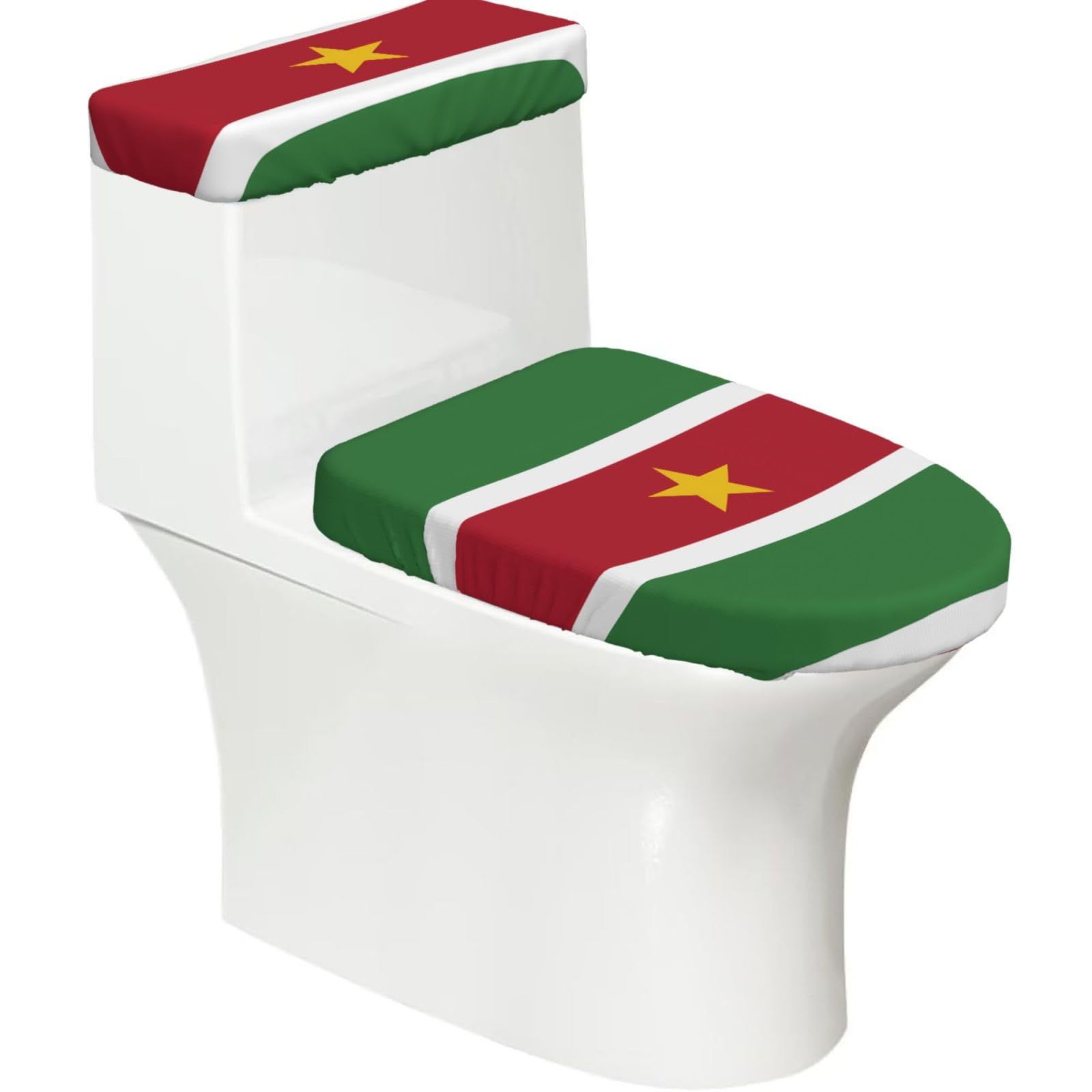 Flag of Suriname Elastic Toilet Cover Set of 2-Stretchy Lid and Tank Covers for Bathroom, Soft Washable U Shape Toilet Decor