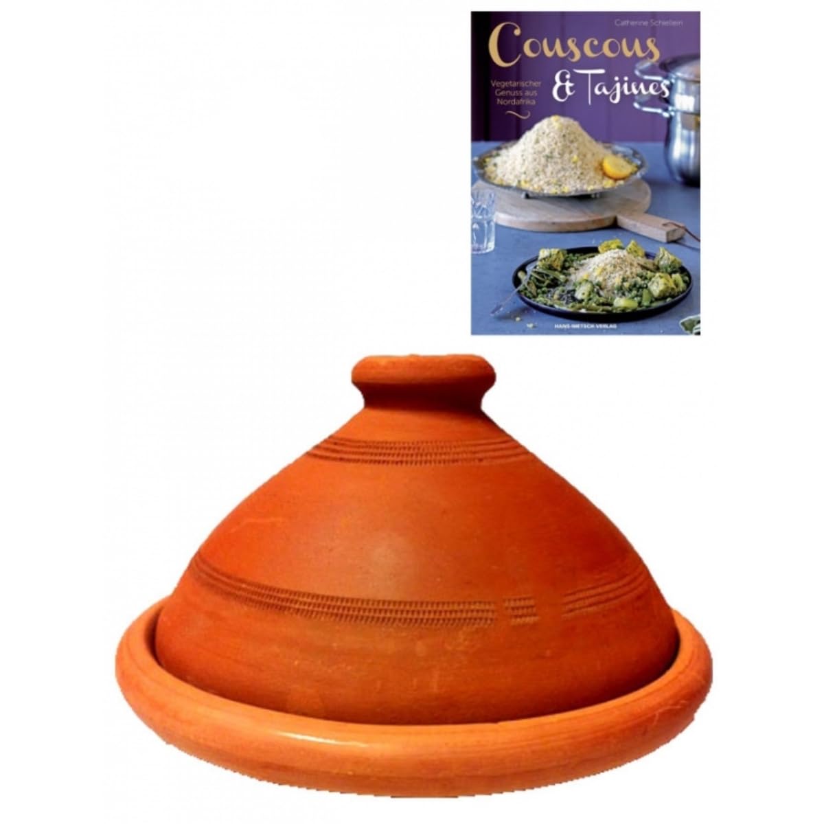 Tajine original aus Marokko, inklusive Kochbuch Vegetarischer Genuss aus Nordafrika, Tontopf zum Kochen, Tuareg Ø 26cm, für 1-3 Personen, handgetöpfert aus Marrakesch, unglasiert, frei von Schadstoffe