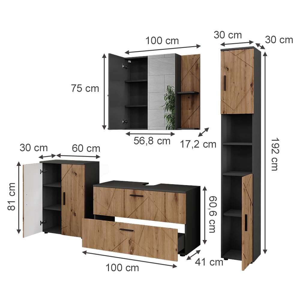Vicco Zestaw mebli łazienkowych "Irma", Antracyt/Dąb goldkraft, 100.1 cm