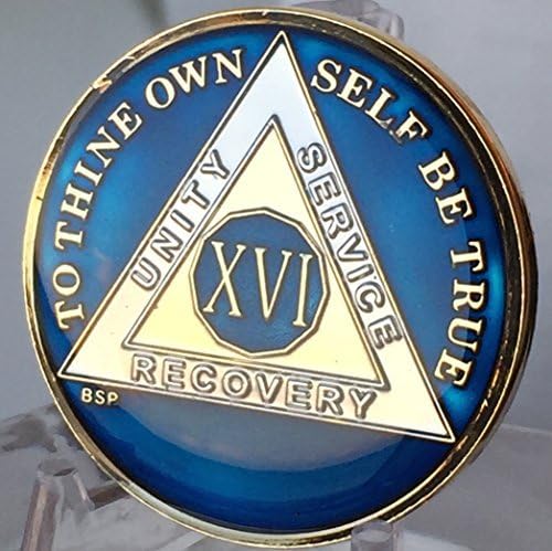 16 Year Midnight Blue AA Alcoholics Anonymous Medallion Chip Tri Plate Gold & Nickel Plated