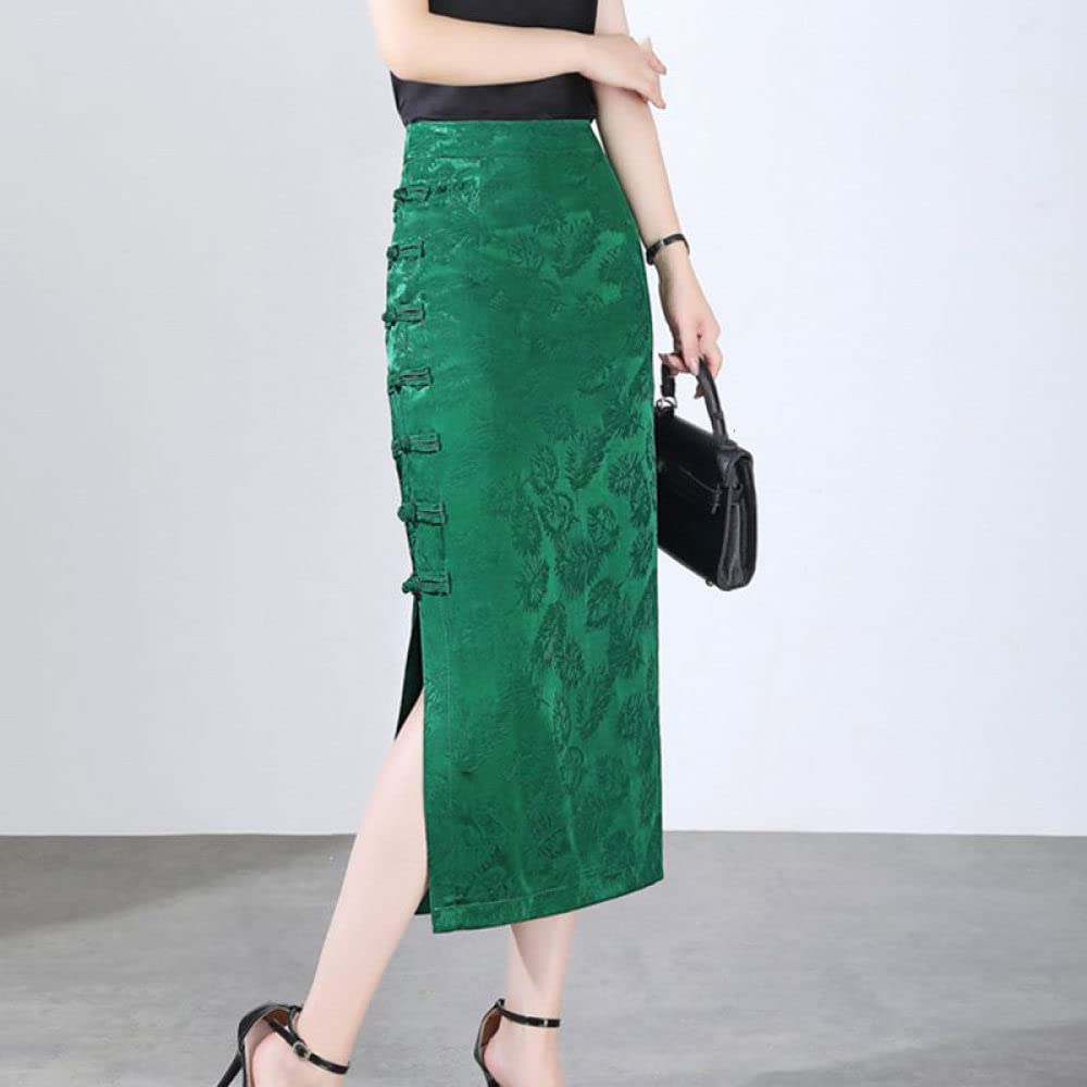 Gonne Da Donna,Gonna Longuette Da Donna Verde A Vita Alta Gonna Dritta Con Spacco Jacquard Nazionale A Vita Alta Fianchi Con Cerniera Avvolta Sottile Gonne Lunghe Eleganti A-Line Per Ragazze Signore