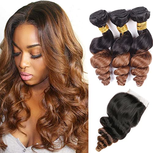 Ombre Bundles with Closure loose Wave 1B/30 Human Hair 3bundles Brazilian Virgin Human Hair Dark Root Twe-tone 1B/30 bundles with Closure(14 16 18 +12)