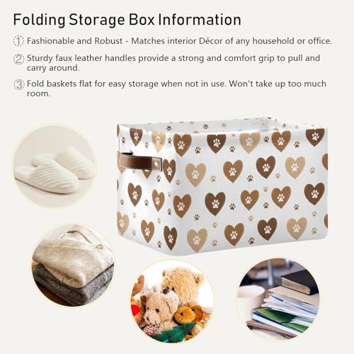 Image of Aslsiy Storage Basket Brown Hearts and Paws (2) Nursery Bins Baby Canvas Box Clothes Shelf Basket Laundry Hampers 1 Pcs