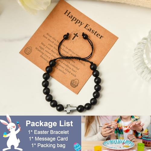 Image of Lamyba Easter Gifts for Kids /Teens /Girls, Christian Natural Stone Beaded Bracelets, Easter Basket Stuffers Essentials, Adjustable Cross Bracelets, Blue /Black
