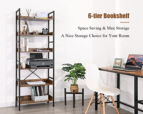 Bookshelf Bookcase 6-Tier Storage Rack With Open Shelves, Vintage Standing Bookshelves Metal Frame Industrial Display Rack For Living Room Bedroom, Rustic Brown And Matte Black #TOP1