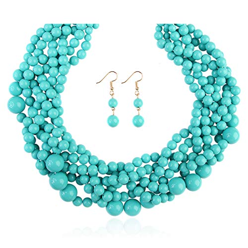 RIAH FASHION Braided Chunky Cluster Bead Bubble Statement Necklace - Multi Strand Twisted Colorful Twisted Ball Hammock Bib Collar Acrylic, Sparkly Crystal (Twisted Bauble - Turquoise Mint)