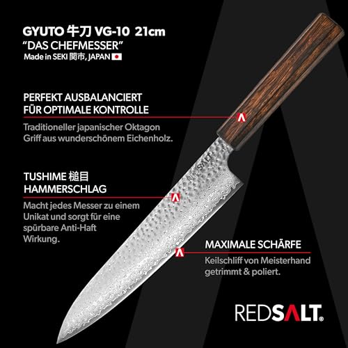 REDSALT® Professional Series GYUTO 牛刀 21cm Damaststahl 69 Lagen Chefmesser handgefertigt in Japan | Profi Kochmesser & Ledertasche | Damast Hammerschlag Klinge | Damastmesser Küchenmesser