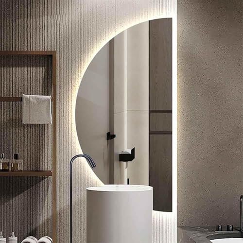 ZYBOWAYL 120cm 100cm 80cm フレームレスモダン装飾壁掛けミラー 3色LEDライト付き 半円バックライトスマート化粧鏡 曇り止め 防爆HDバスルームミラー 防水(Right Cut,100x50cm)