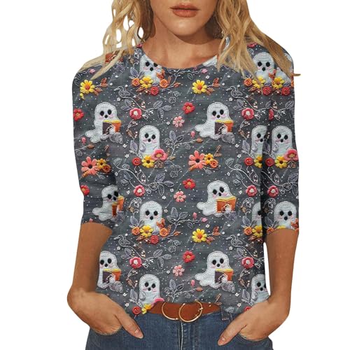 2024 Halloween Shirts for Women Funny 3D Print Tshirt Cute Ghost Graphic Sweatshirts 3/4 Sleeve Pullover