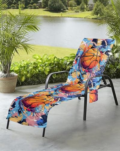 Abstract Basketball Beach Chair Towel Covers for Chaise Lounge with Side Pocket, Soft Plush Pool Towels Cover for Patio Sunbathing Outdoor 29''x85'' Contemporary Rainbow Street Art