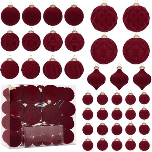 46PCS Velvet Christmas Ball Ornaments Set, Flocked Shatterproof Xmas Tree Decor, Assorted Hanging Ornaments with Loop for Holiday Home Decor, Christmas Tree, Mantel, Party Decoration (Red)