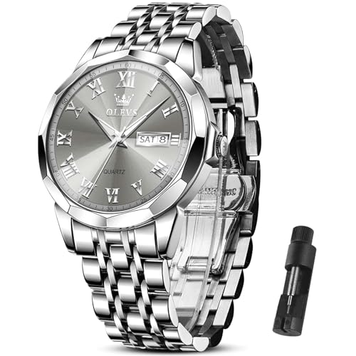 OLEVS Men Watch Grey Face Silver Watches for Men Luxury Stainless Steel Watch for Men Roman Numeral Waterproof Men Watch Date Dress Reloj para Hombre