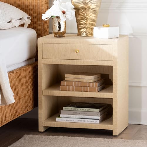 Bali & pari William Grasscloth 1-Drawer Nightstand with Open Shelves - Woven Texture Bedside Table with Gold Knob, Modern Coastal Accent Table for Bedroom - Image 2