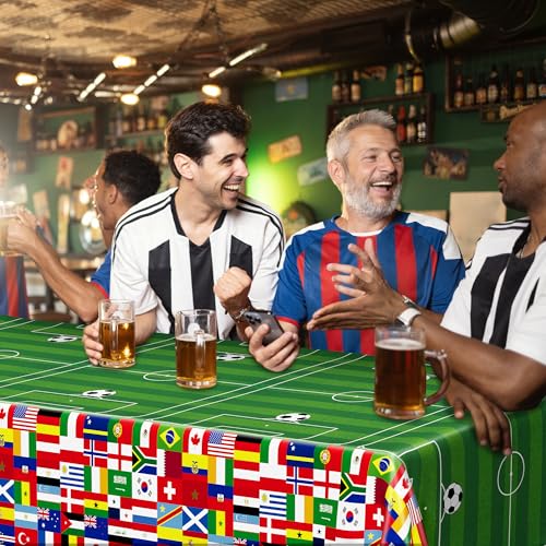 Image of 3 Pcs Soccer Tablecloths Plastic, Disposable Soccer Rectangle Table Cover 54 X 108 Inch, 2026 International World Flags Green Tableware Set Birthday Party Decorations for Sports Theme Party Supplies