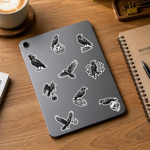 Image of Halloween Raven Bird Sticker for Laptop Water Bottle Scrapbook | 2 Rolls Gothic Vinyl Decals Waterproof Vinyl Strong Adhesion No Residue for Halloween Party Decor Scrapbook Journals