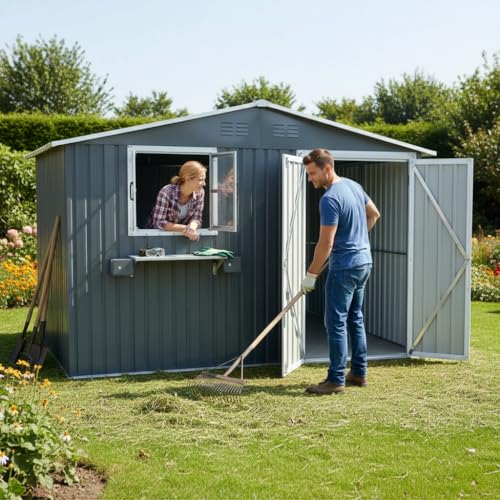 Cobertizo de 7,19 m² de acero galvanizado, resistente a la intemperie, con 2 ventanas, puerta con cerradura y estante para flores, cobertizo impermeable para jardín y terraza, color gris antracita