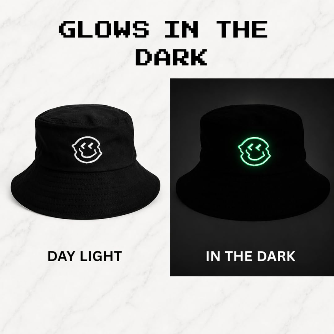 Cappello da pescatore unisex nero – Glow in Dark – Si illumina al buio – 100% cotone – Festival EDM – Rave – Club – Techno Accessori Abbigliamento Uomo Donna – Clubwear – Cappello da sole Atumgsaktiv