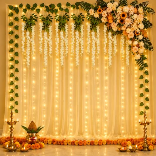 Image of Shimmers Wedding Decoration Kit Set of 14 - White Net Curtains 8x4 Ft, Artificial Wisteria Flowers & Money Plant Strips with Ribbon & Hooks for Mehndi, Ganpati Decoration Backdrop Decor