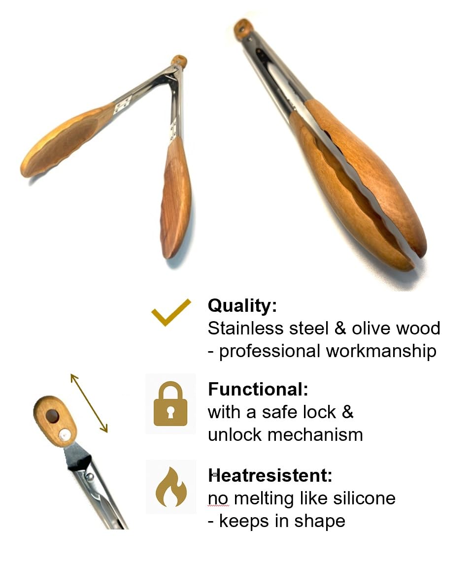 Pince Cuisine Bois D'Olivier 30 Cm – Manche Inox, Résistante Chaleur, Anti-Rayures – BBQ & Service