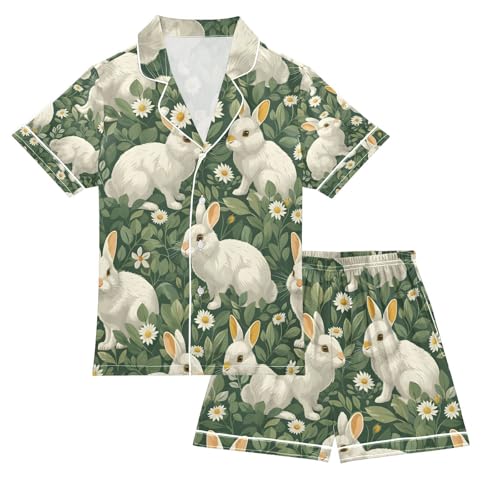 senya Flower Rabbit Leaves Green K Satin Summer Pajama Sets Silk Short Sleeve Button Down Sleepwear