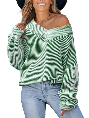 Image of CUPSHE Womens Sweaters Oversized Sweater Loose Fit Long Sleeve Sweater V Neck Striped Pullover Sweater Tops