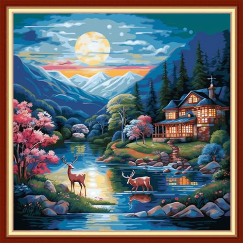 Image of Dooxvey Cross Stitch Kits for Adults Beginners,Full Range of Cross-Stitch Stamped Kits Needlepoint Kits for Beginners Embroidery Kits 11CT Cross Stitch Patterns-Night Elk 18x18 inch