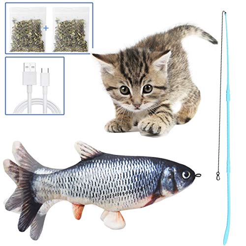 DIWUJI Brinquedos elétricos para peixes, Catnip com vara, 30 cm, recarregáveis, USB, simulação realista de felpa, material interativo divertido mastigar para gato e gatinho