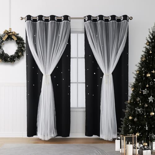 Image of Star Cutout Black Curtains Blackout 4 Panels 52x96 Inches Long Double Layer