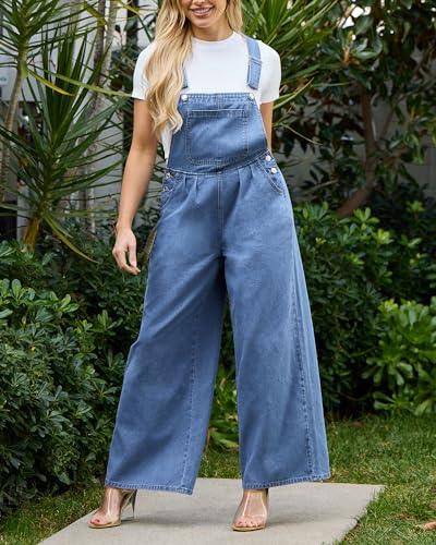 Image of luvamia Denim Overalls for Women Wide Leg One Piece Jean Jumpsuits Fashion Baggy Bib Overall Loose Fit Pleated Pockets