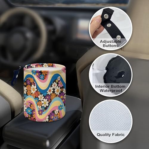 Image of Groovy Hippie Flower Print Car Trash Can Collapsible Portable Car Garbage Bin Multipurpose for Car Front Seat, Back Seat, Floor, Headrest Rubbish Bin Universal Fit for Car SUV Trucks