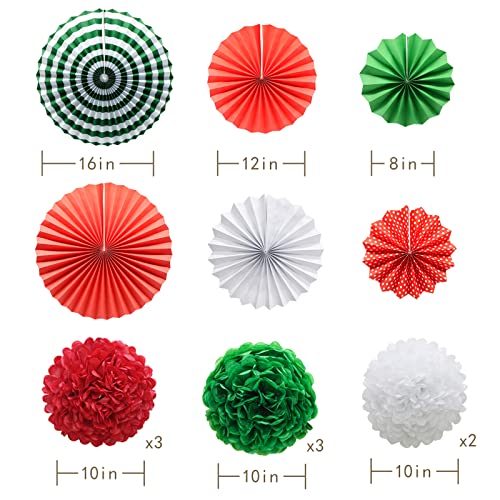 Image of Red White and Green Hanging Paper Decor - Round Paper Fans, Pom Poms, Flowers - Perfect for Christmas, Birthdays, Weddings, Graduations, Baby Showers