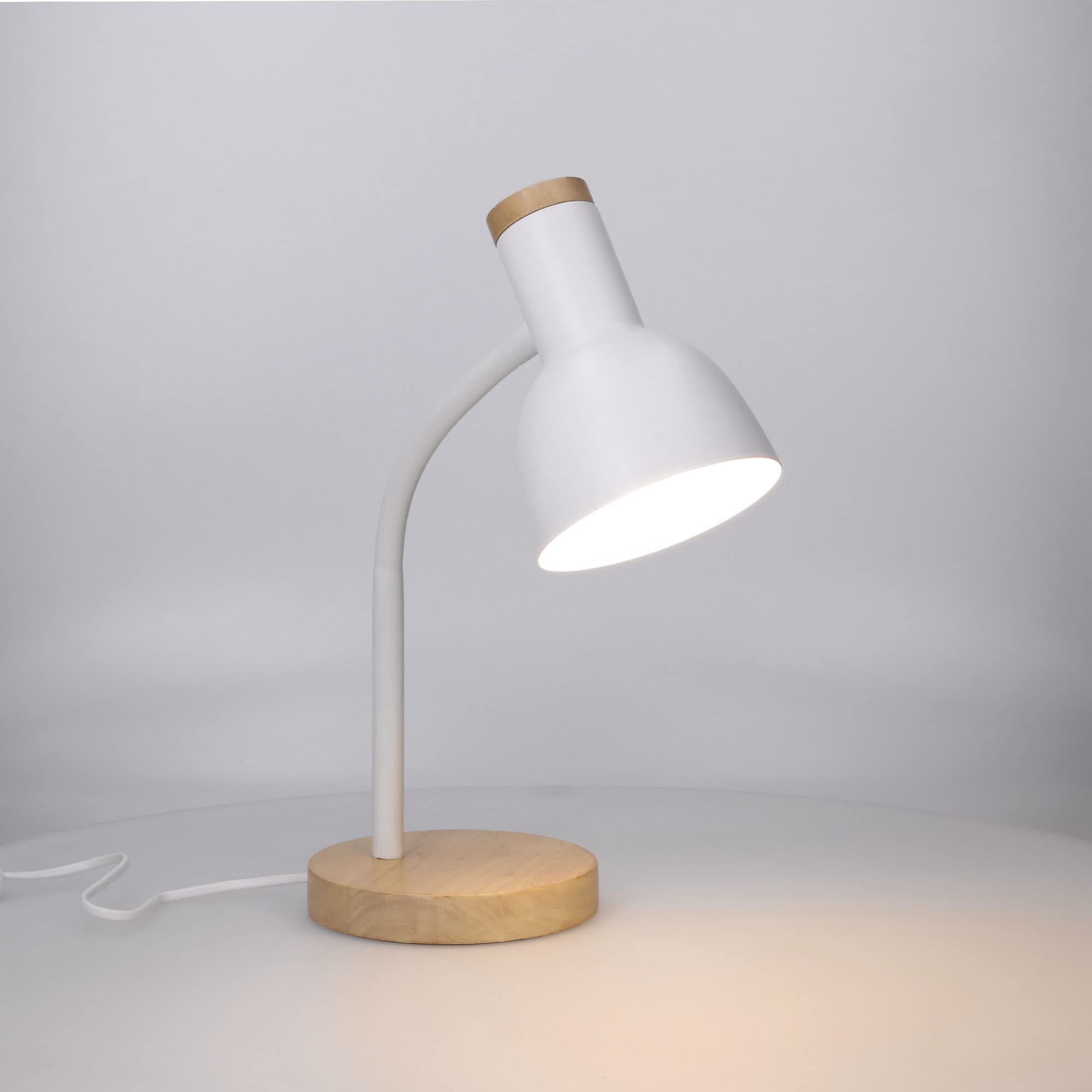 FORLIGHT Forlight Mila Lámpara de Escritorio de Estilo Nórdico. Flexo de Escritorio E27 de Acero Blanco y Madera Clara Natural