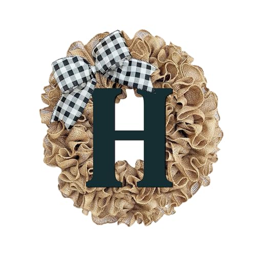 Ghirlanda di fiocchi in tela di iuta, lettere in metallo, nome di famiglia, tutto l'anno, tenda da porta, decorazione da appendere, moderna corona di eucalipto (C, taglia unica)