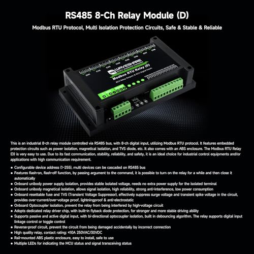 Waveshare Industrial Modbus RTU 8-Ch Relay Module (D) With Digital Input And RS485 Interface, Multi Isolation Protection Circuits, 7~36V Power Supply