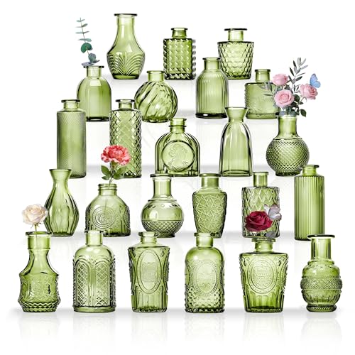 Kleine Glasvasen Set von 24, für Tischdekoration, Hochzeit, Empfang, Zuhause, Vintage-Flaschen, Transparent, Dekorative Glasvasen mit Deckeln (24, Grün)
