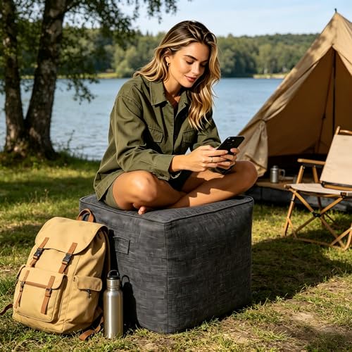 Image of QILLOWAY Inflatable Outdoor Ottoman for Patio, Water Resistant Pouf Cube 16 inch, Inflatable Foot Rest, Outdoor Footstool for Poolside, Garden,Camping, Charcoal Grey,Black